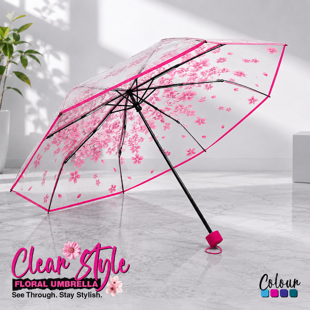 New Transparent Flower Design Folding Women Fashion Umbrella