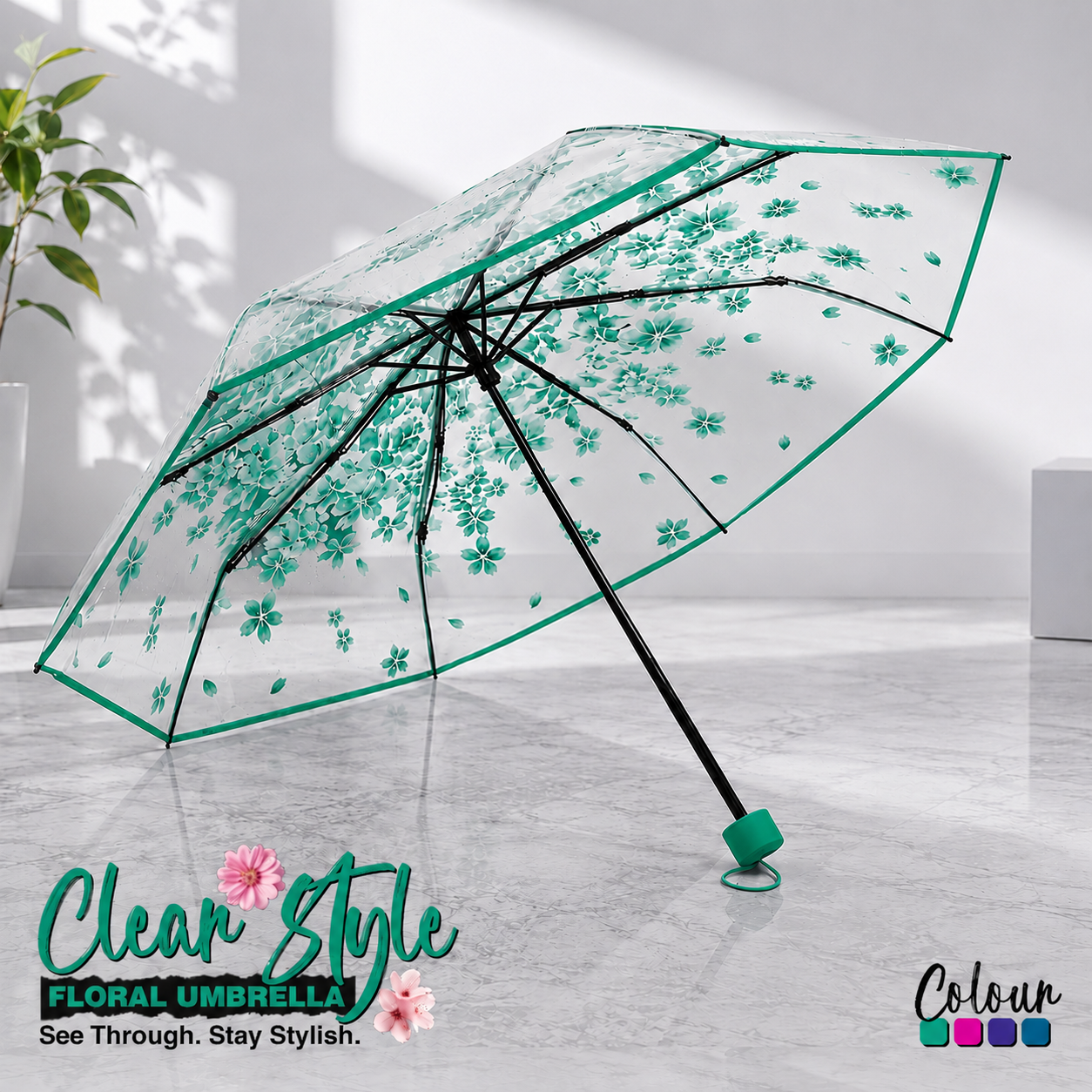 New Transparent Flower Design Folding Women Fashion Umbrella