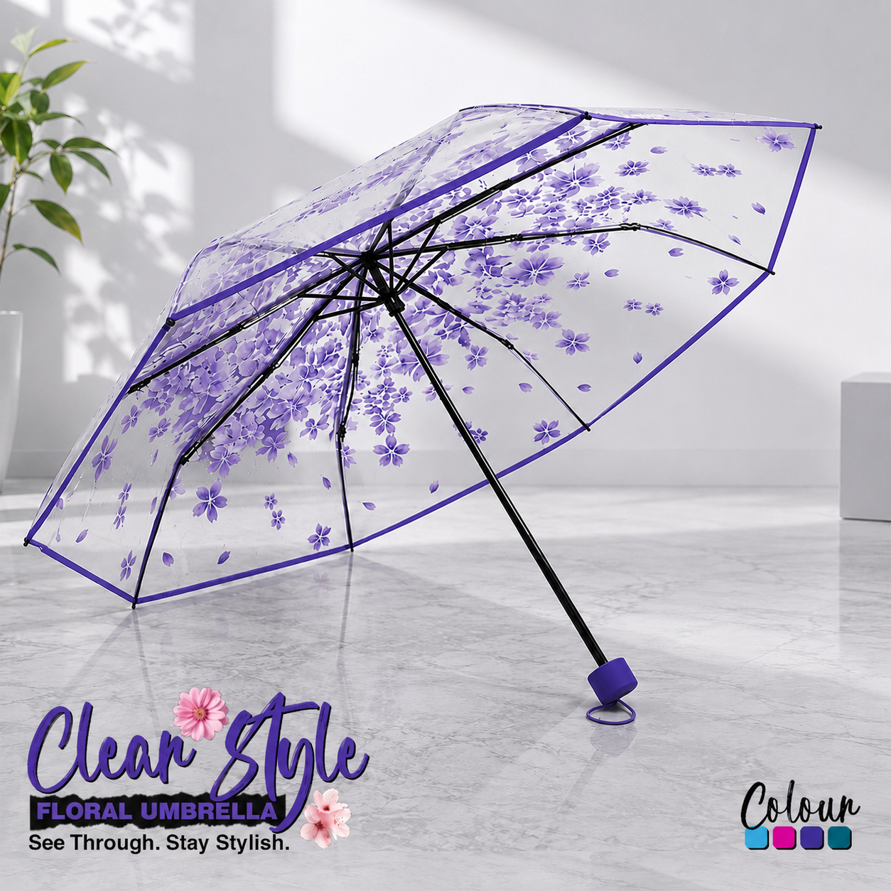 New Transparent Flower Design Folding Women Fashion Umbrella